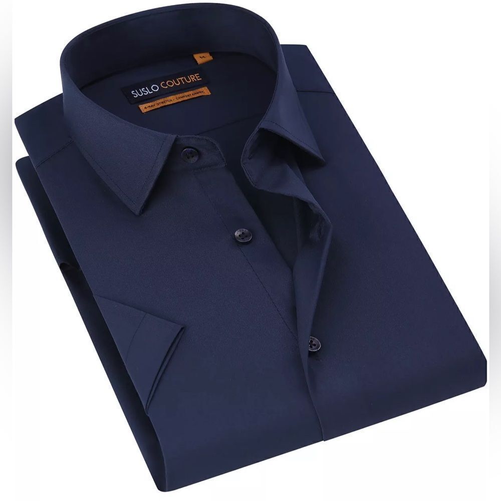 Mens shirt casual Fit Performance Short Sleeves Solid Button navy blue - Picture 8 of 10